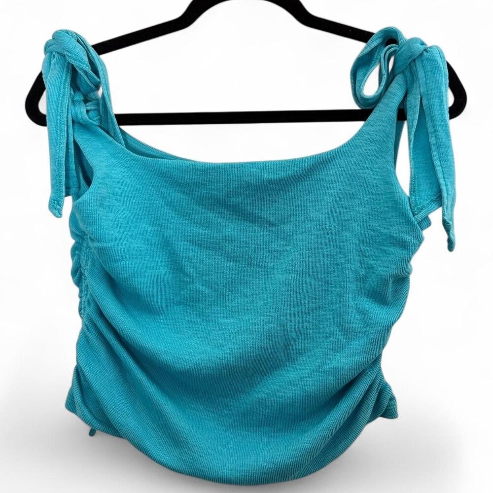 Free People Boulevard Bow Tie Strap Ruched Sides Cotton Rib Tank Top Aqua Size L - Picture 5 of 9